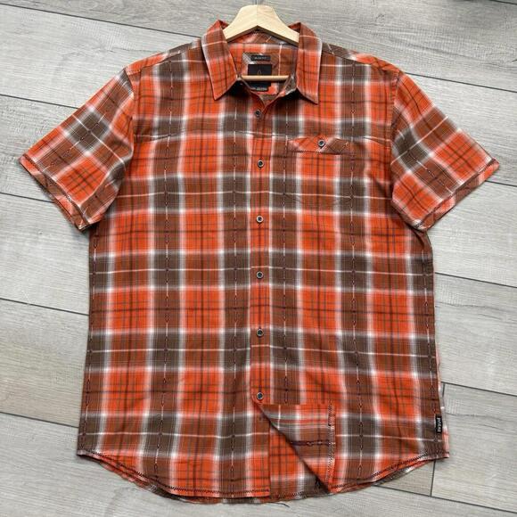 Prana Slim Fit Plaid Shirt Men Sz XL Red Brown Short Sleeve Outdoor Western Golf - Picture 2 of 9